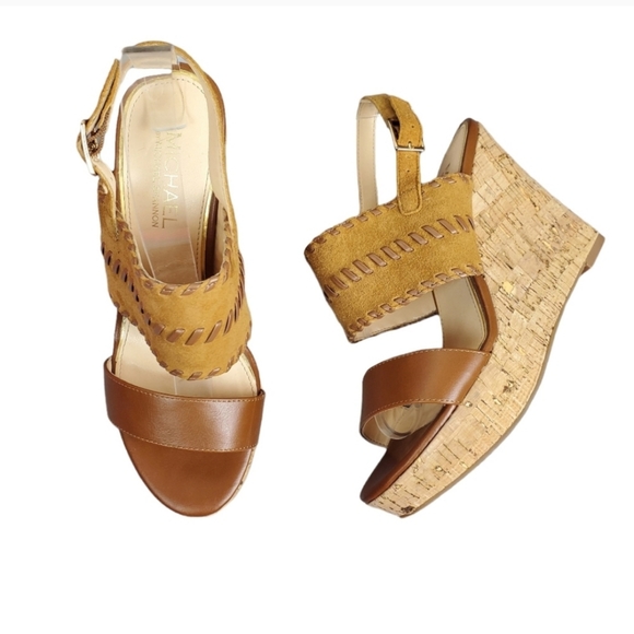 Michael Shannon Shoes - Michael by Michael Shannon Sybil Whip Stich Cork Wedge Leather Sandals Size 9